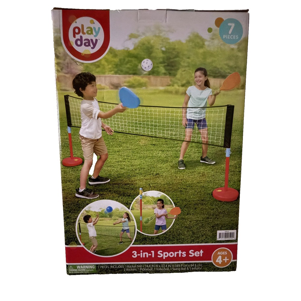 (NEW)  Play Day Kids 3 In 1 Sports Set - Pickleball, Volleyball & Swing Ball 4+